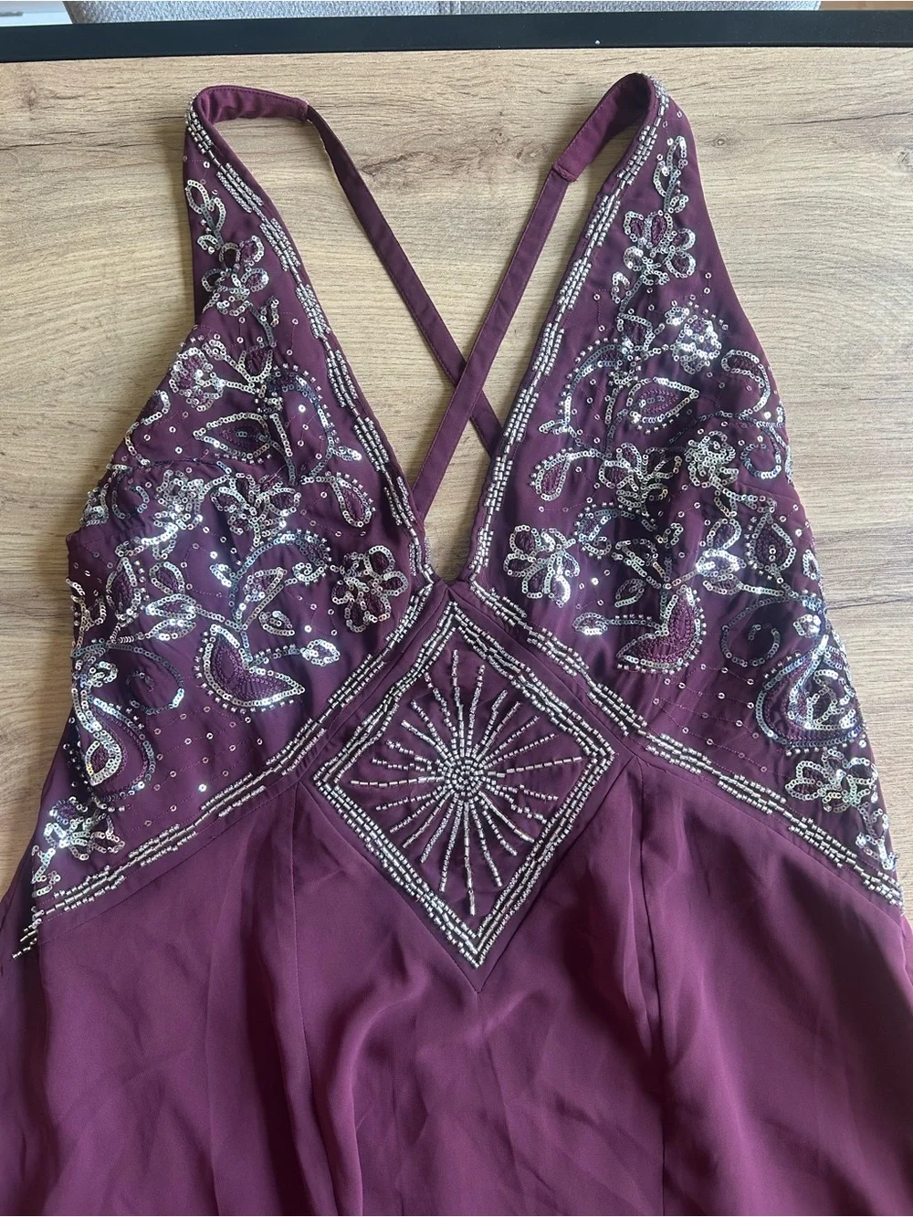 Abercrombie & Fitch Embroidered V-Neck Maxi Dress in Burgundy
